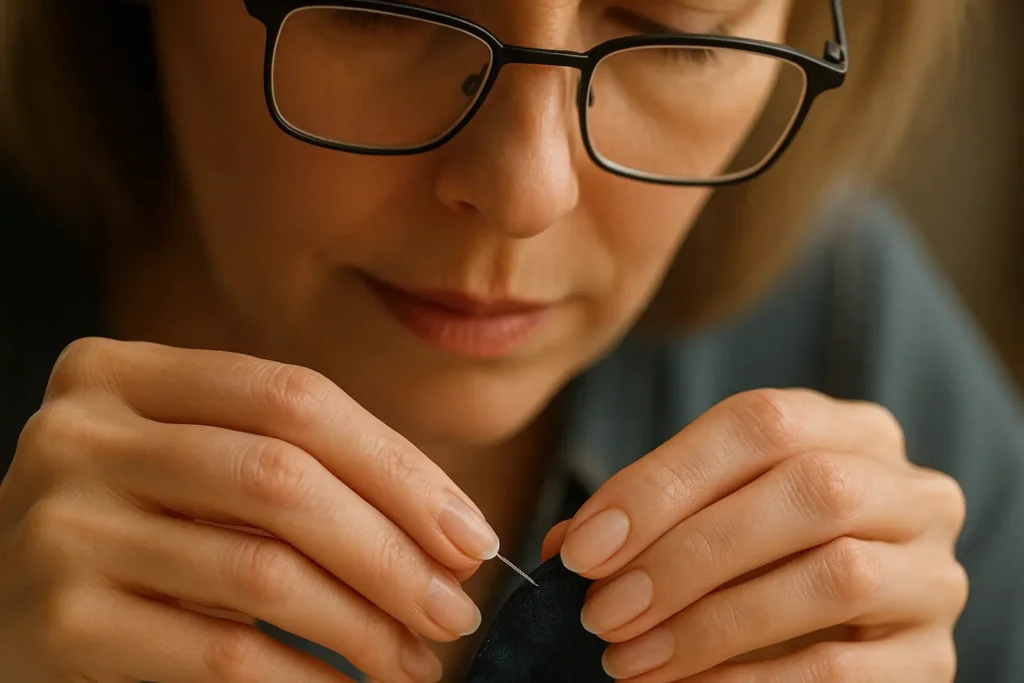 couture avec des lunettes loupes