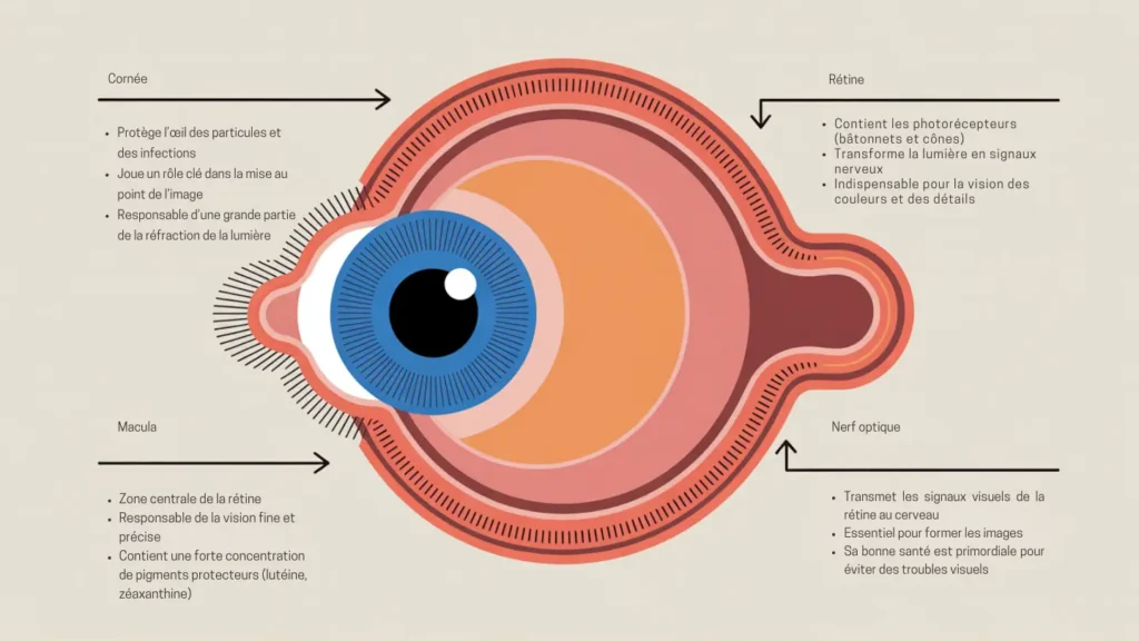 Illustration œil humain macula protégée par nutriments essentiels pour alimentation vision