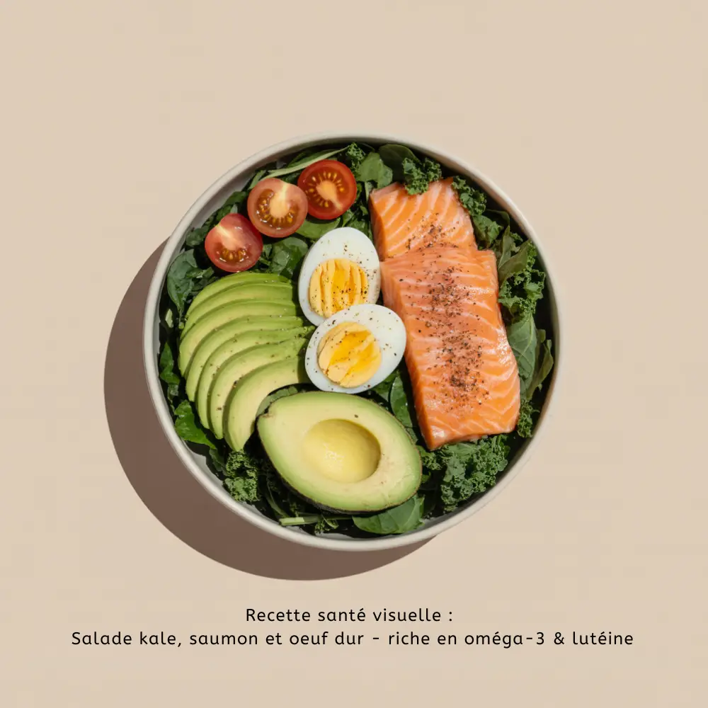 Recette alimentation vision salade kale, saumon et œuf dur, riche en oméga-3 et lutéine pour la vue
