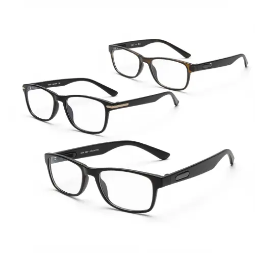 Comparatif de 3 modèles de lunettes anti-lumière bleue pour professionnels travaillant sur ordinateur, fond blanc épuré