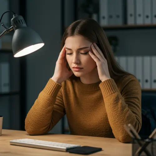 Femme de 35 ans souffrant de fatigue visuelle devant son ordinateur de bureau, massant ses tempes avec expression de douleur