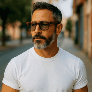 Homme quadragenaire ajuste ses lunettes de vue devant son lap rop à une terrase de café-GIF