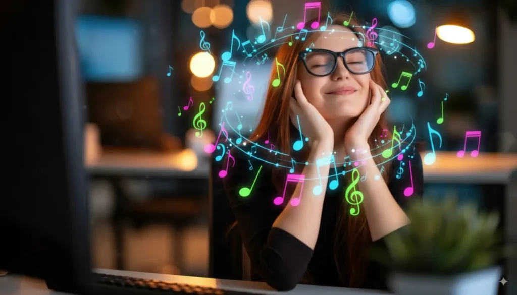 Jeune femme écoutant de la musique avec ses lunettes audio connectées