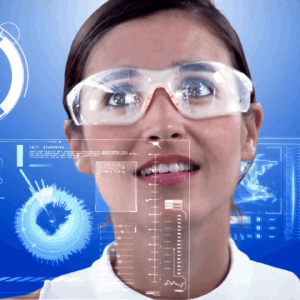 Jeune femme explorant les données que lui propose ses lunettes connectées GIF
