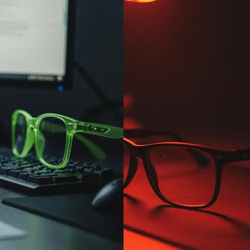 Lunettes gaming colorées versus lunettes bureau professionnelles noires sur un poste de travail informatique moderne