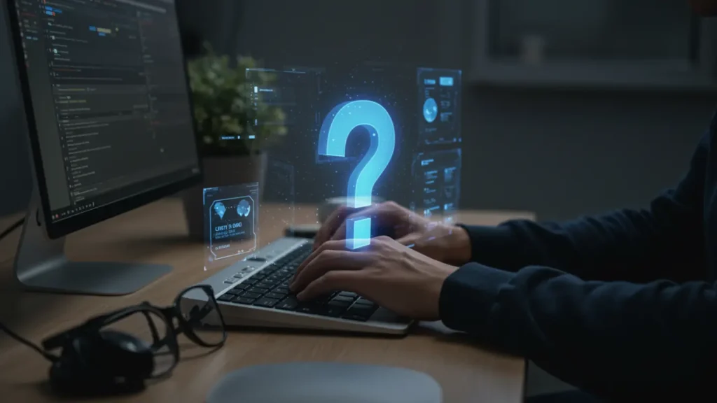 Mains développeur clavier lunettes bleues hologramme point interrogation FAQ protection