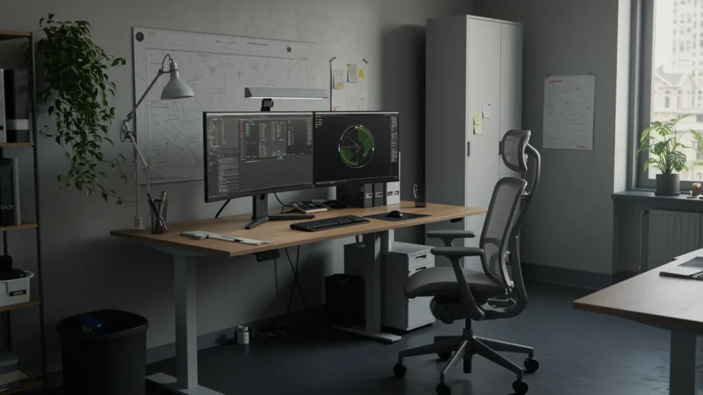 Poste travail développeur ergonomique bureau assis debout fauteuil écrans hauteur idéale