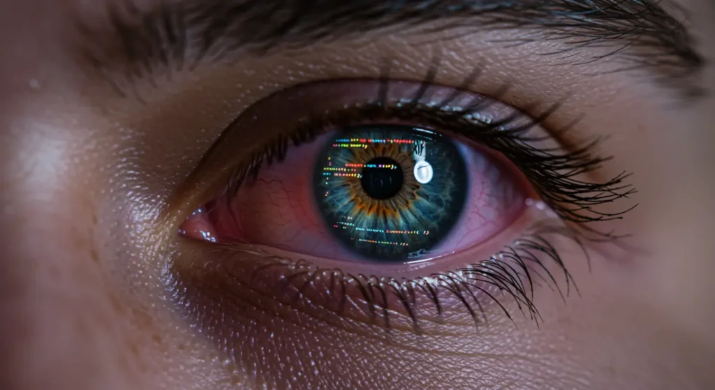 Gros plan yeux fatigués développeur avec reflet code écran montrant fatigue oculaire