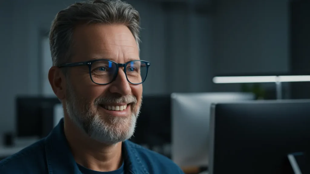 Portrait développeur senior souriant lunettes anti-lumière bleue bureau tech moderne