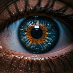 zoom sur un œil ouvert qui reflète des images d'un écran GIF