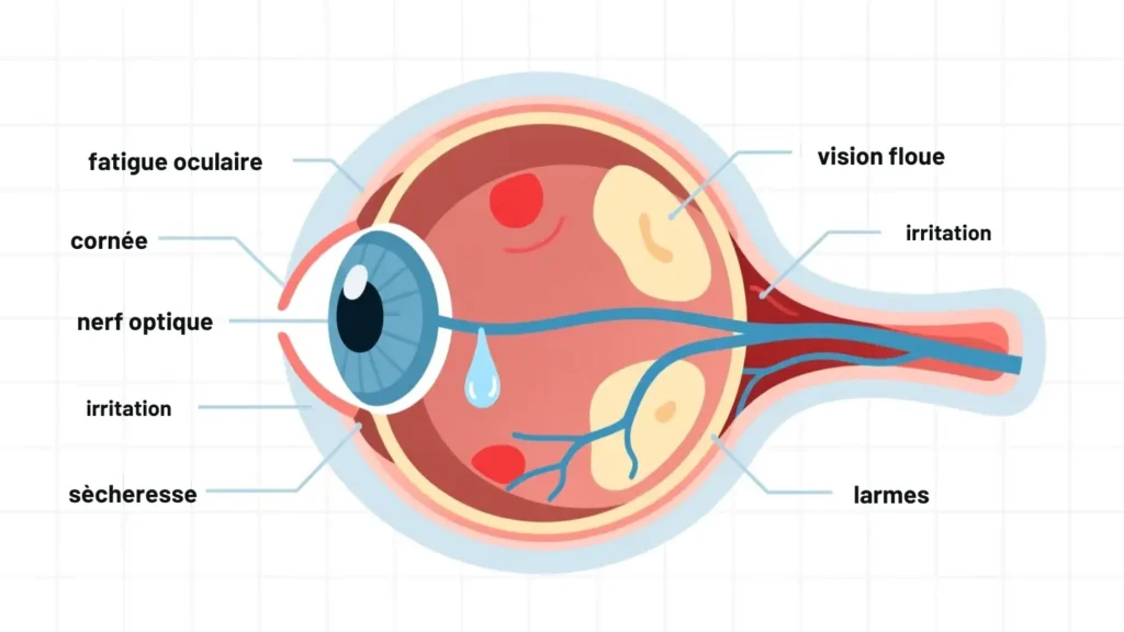 Illustration médicale symptômes fatigue oculaire écrans télétravail œil irrité