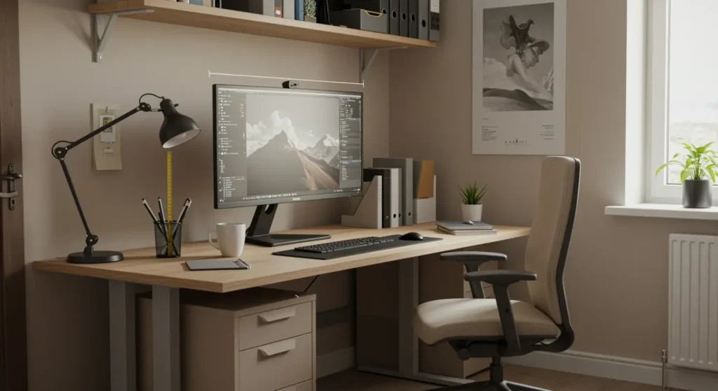 Poste télétravail ergonomique distance écran 50-70cm éclairage optimal