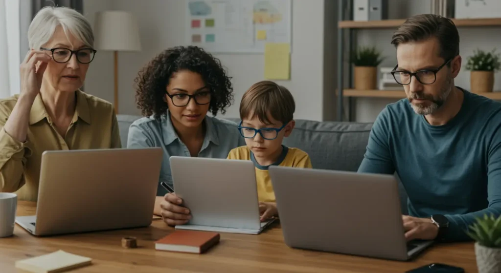 Télétravailleurs profils variés senior presbytie enfant cours distance nomade