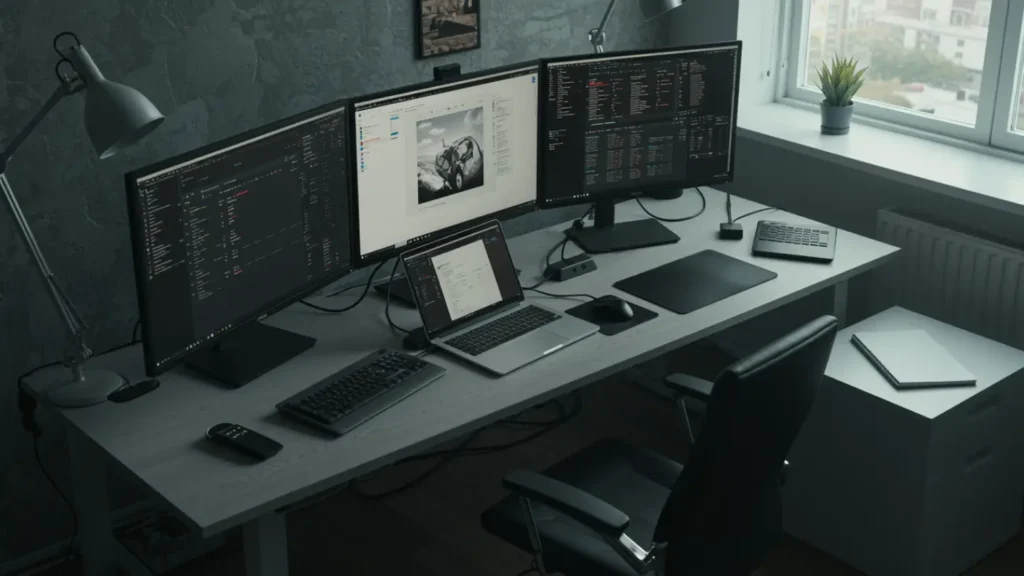 Configuration multi-écrans télétravail - ordinateur portable station accueil, écrans externes, setup professionnel