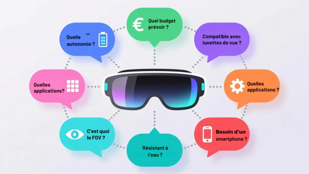 Illustration 4K FAQ interactive - Bulles de questions avec icons autour de lunettes AR centrale, design ludique mais professionnel, engageant
