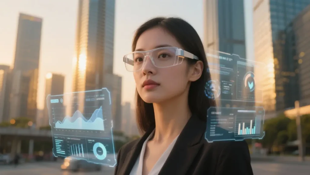Illustration 4K - Femme avec lunettes AR transparentes sur paysage urbain avec informations numériques flottantes, design futuriste moderne