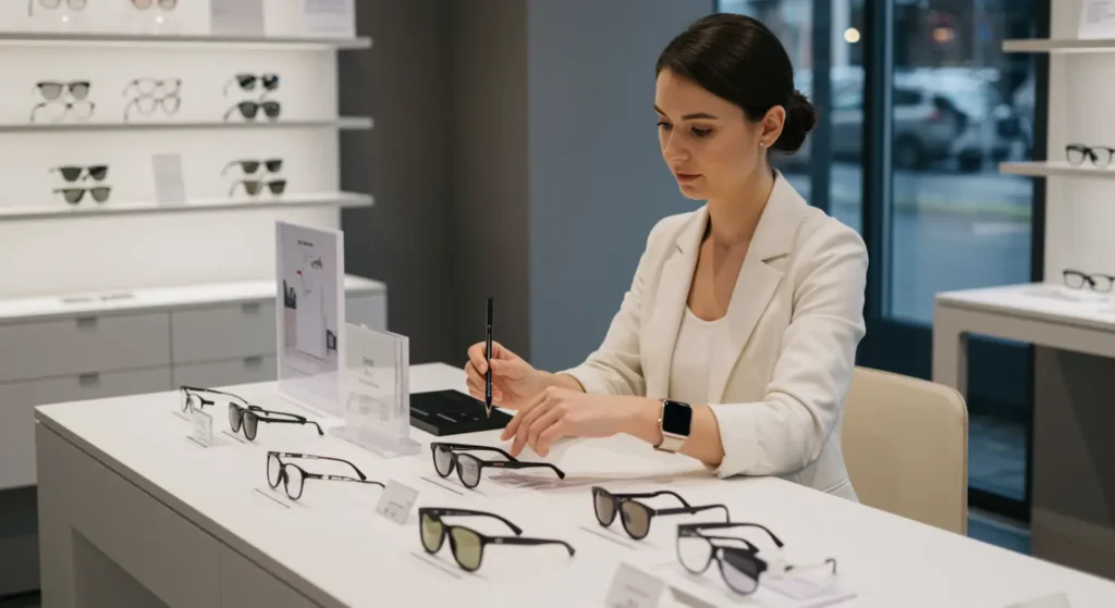 Photo 4K guide comparatif - Femme sélectionnant des lunettes AR sur table, budget/prix visible, ambiance consultation d'achat professionnel