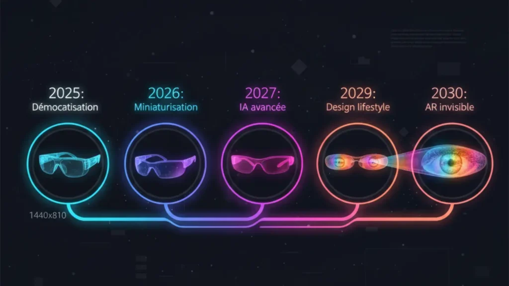 Illustration 4K futuriste - Timeline évolution lunettes AR 2025-2030 : design et technologies progressant, couleurs futures, horizon prospectif