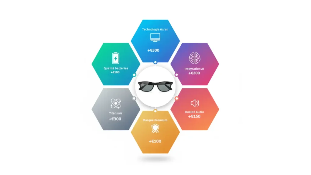 Infographie 6 facteurs prix lunettes connectées technologie écran IA audio marque matériaux batterie coût