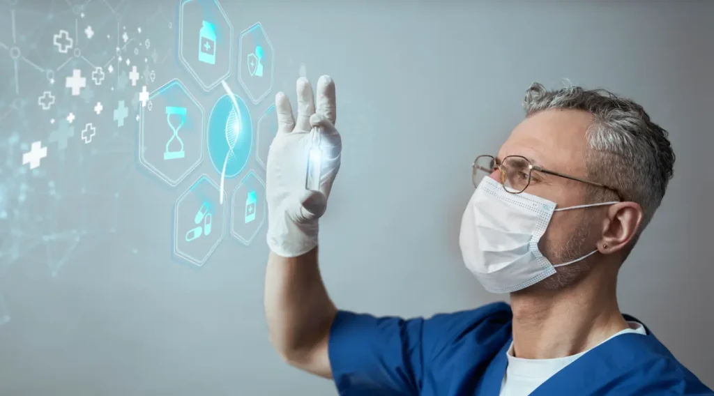 Photo 4K contexte médical - Professionnel santé utilisant lunettes AR en salle opératoire/consultation, environnement stérile, symbolique bien-être