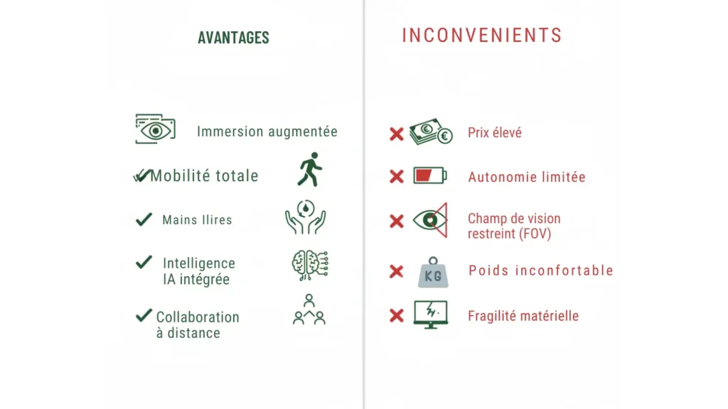 Illustration 4K split-screen - Avantages (gauche) vs Inconvénients (droite) des lunettes AR, 5 points chaque côté, design comparatif clair