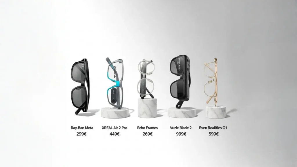 Tableau comparatif des trois gammes de prix des lunettes connectées 2025 entrée milieu haut de gamme